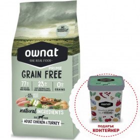 Натурална суха храна Ownat Grain Free Prime ADULT CHICKEN & TURKEY - БЕЗ зърнени култури, с 77%  качествено месо, пиле и пуйка 12кг + подарък контейнер